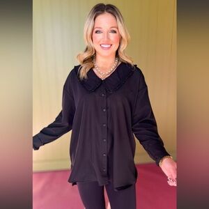 Black Peter Pan Collar Button Up High Low Hem Top